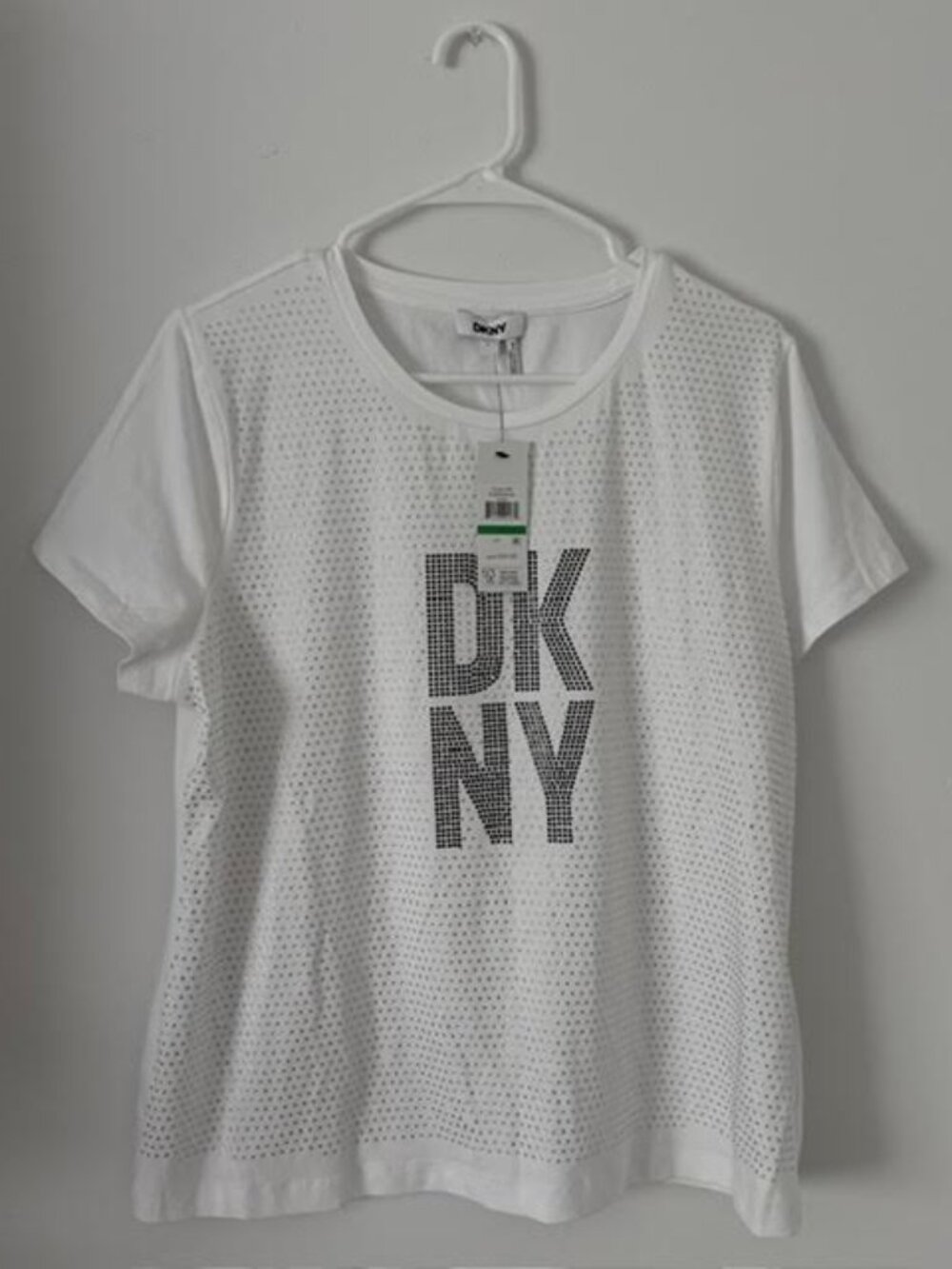 DKNY Stacked Rhinestone Logo Tee White Size Large NWT